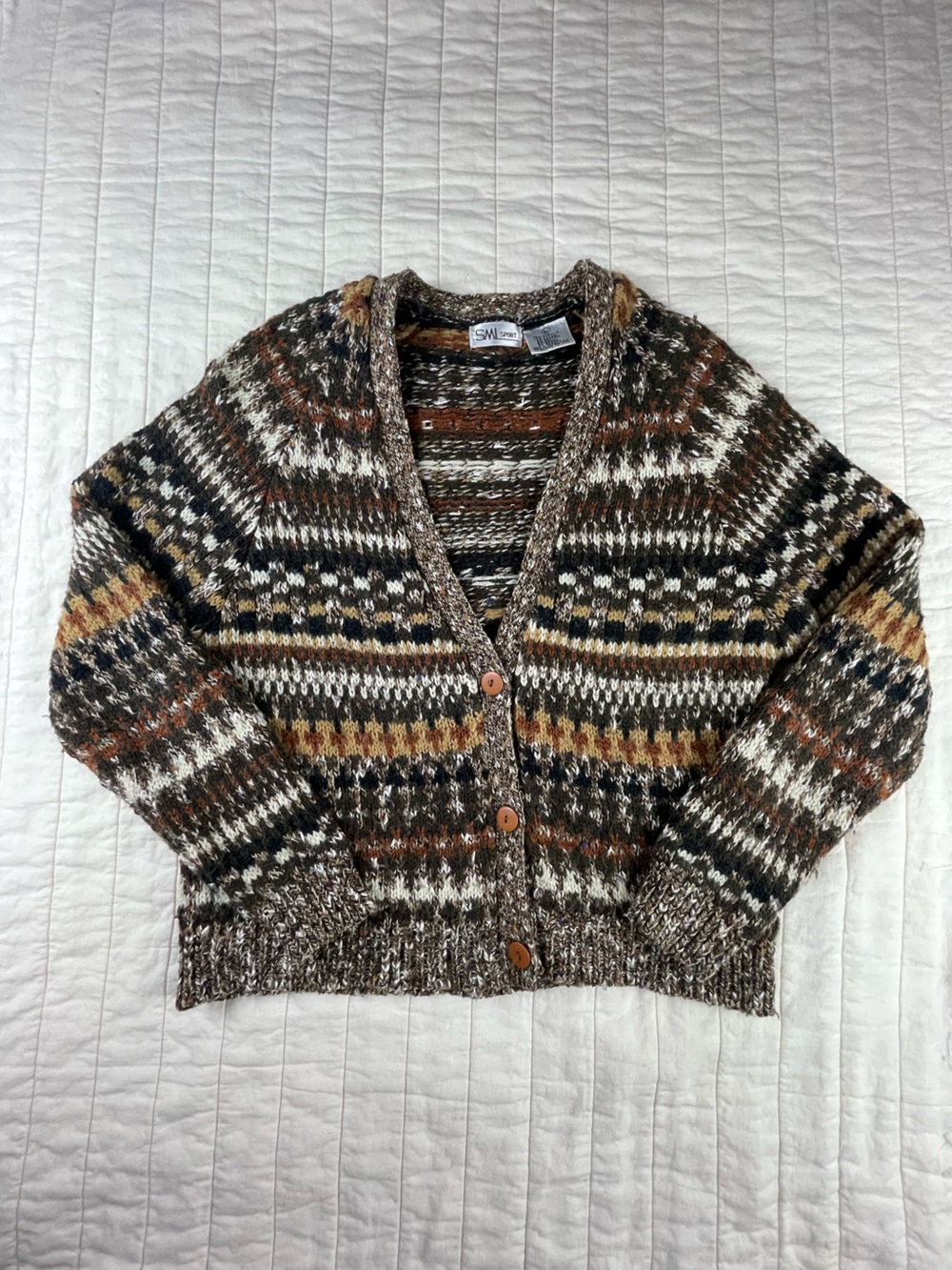 VTG SML Sport Knit Cardigan Fair Isle Sweater women’s large (fits smaller)